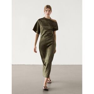 Massimo Dutti Womens Midi Dress S Green Satin Asymmetric Neckline 6667/667 NWT